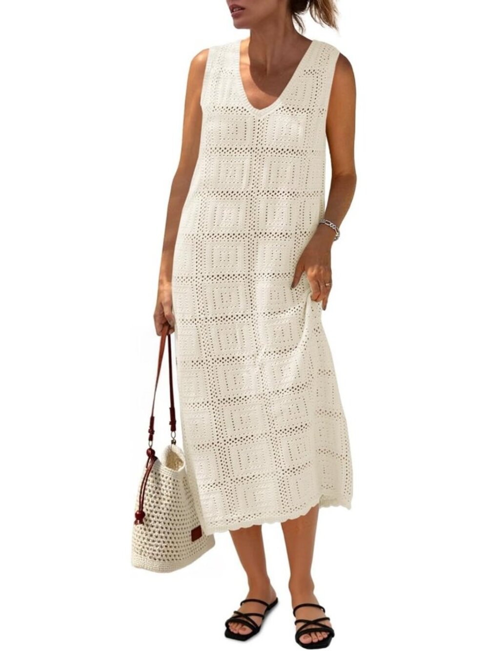 Boho Crochet Sleeveless Midi Dress | V-Neck Tank Cover-Up for Summer Style